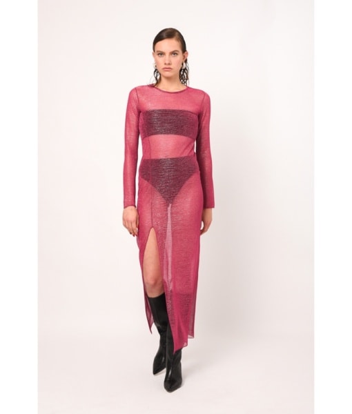 ANDRIA GLITTER MESH FUCHSIA DRESS