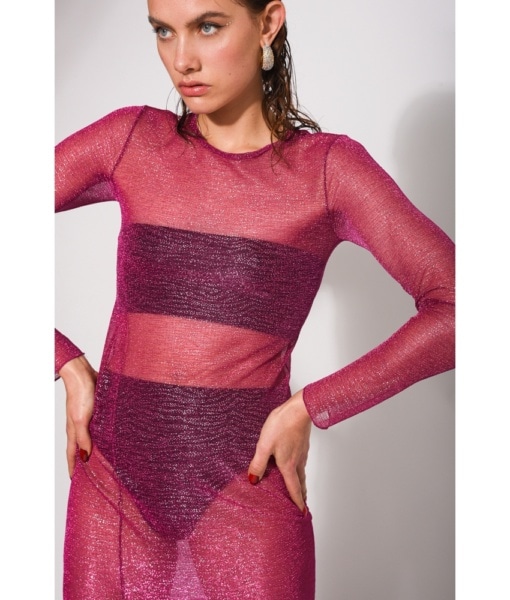 ANDRIA GLITTER MESH FUCHSIA DRESS